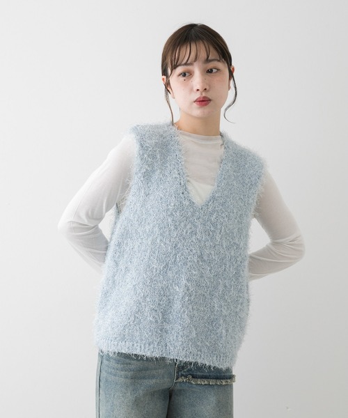 131●sheller　Vネックニットセーター　ブラック　スパンコールラメ入り 6color/S-LLsize》ラメ混Vネックニット【洗濯機洗い可】（ニット