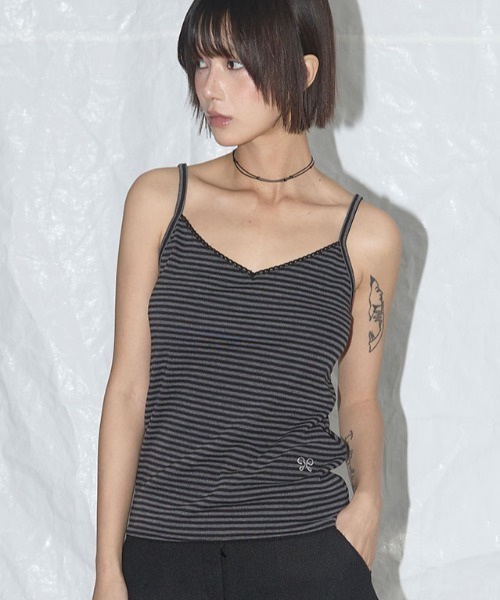 タンクトップ ノースリーブ A'GEM/9 × .kom 「 FANCY CLUB/ファンシークラブ」 LACE STRIPE BASIC SLEEV