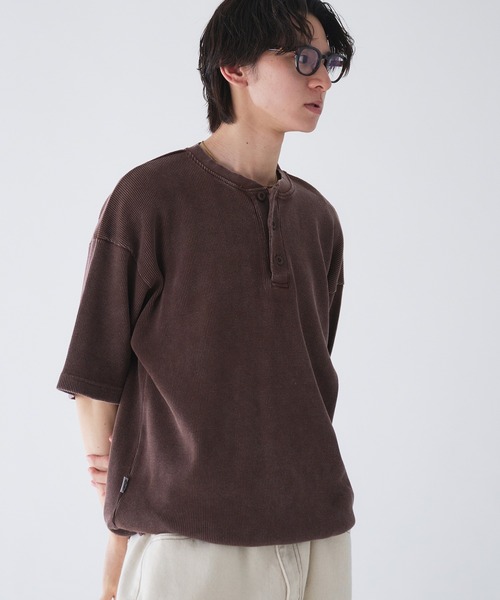 Adoon plain tシャツ Henry Neck Snow-Washed Thermal T