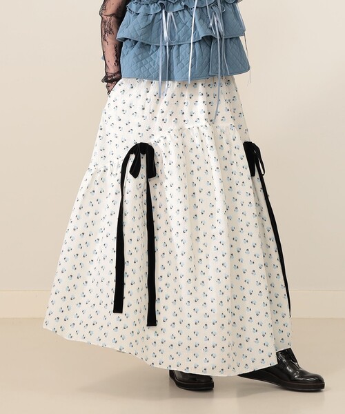 FRAY I.D フラワープリント サイドリボンギャザースカート