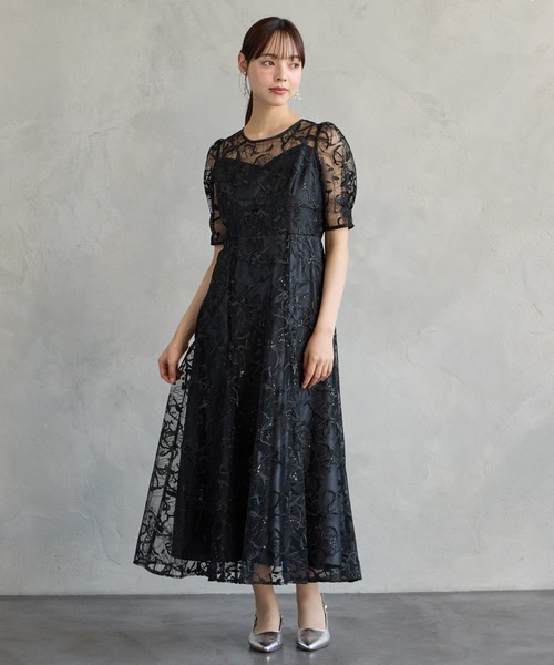 美品 Aimer ビオラモチーフスパンコール刺繍ドレス ワンピース ブラック M AIMER（エメ） パーティードレス ドレス ビオラフラワーモチーフ