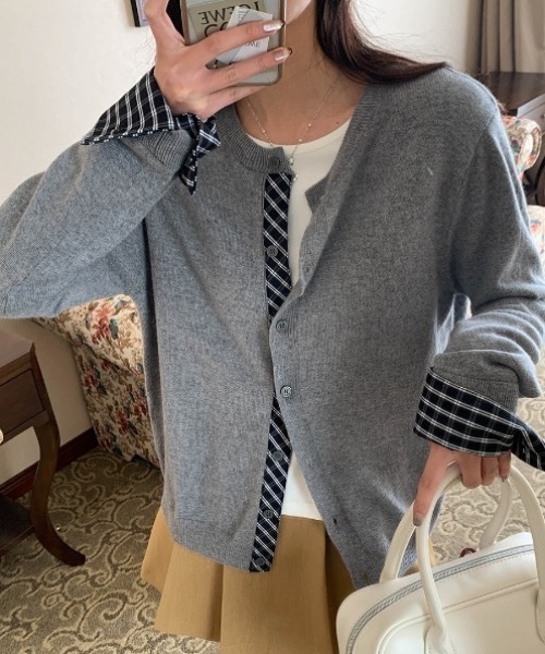 カーディガン フェイクレイヤードチェック柄カーディガン レディース