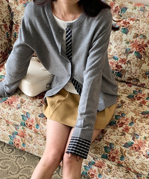 カーディガン フェイクレイヤードチェック柄カーディガン レディース