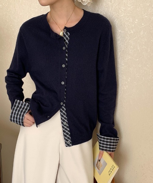 カーディガン フェイクレイヤードチェック柄カーディガン レディース