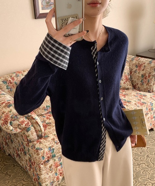 カーディガン フェイクレイヤードチェック柄カーディガン レディース