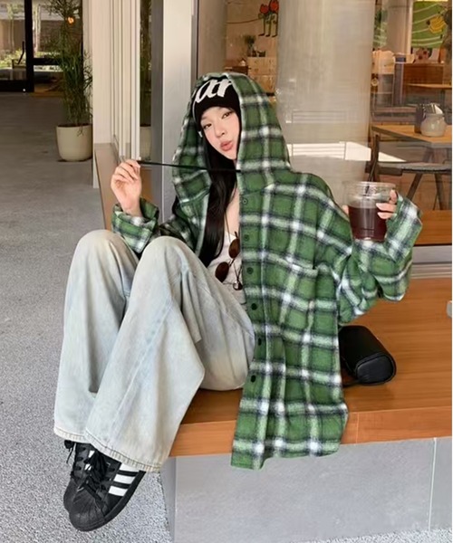 AsheKsha ブラウス シャツ 「新作」ジェンダーレス--チェック柄フード