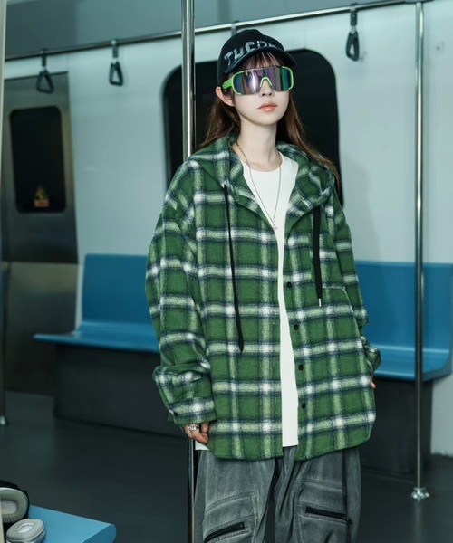 AsheKsha ブラウス シャツ 「新作」ジェンダーレス--チェック柄フード