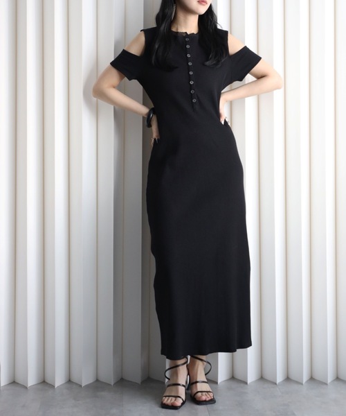 rena mom ♫　キャロウェイ中綿ワンピースS黒ブラック YENNA ワンピース 「 2026 SS 新作 」カットショルダー ヘンリー