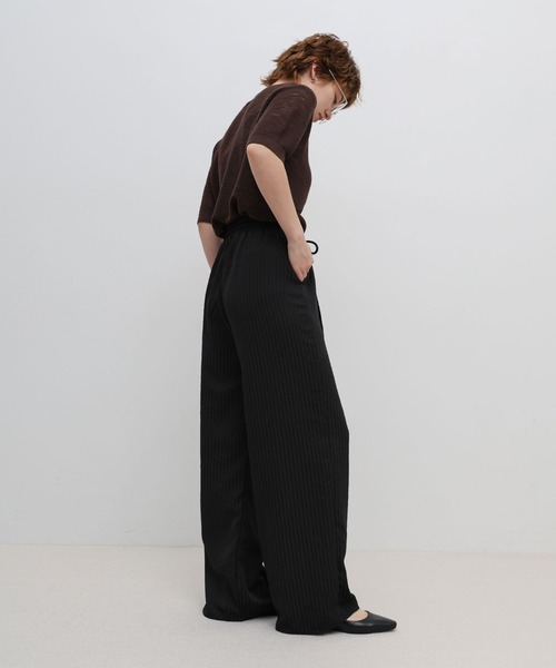 美品　ストライプ　コットンストレッチカジュアルパンツ　ブラック　大きいサイズ select MOCA（セレクトモカ） ワイドパンツ パンツ シアサッカー