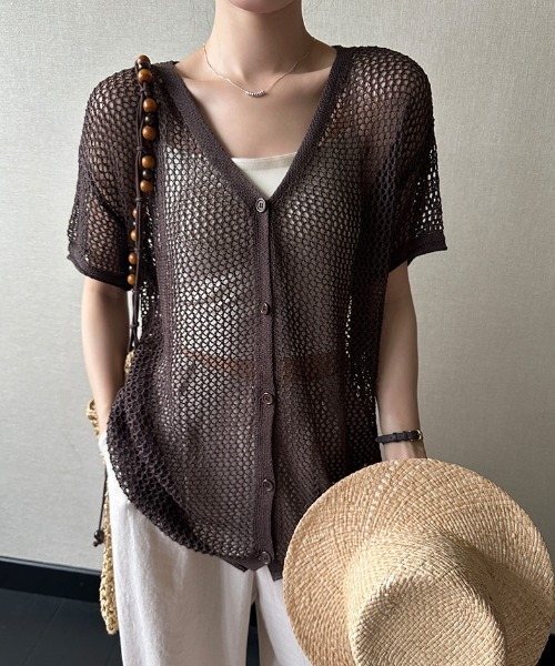 週末sale【未使用】theory luxe メッシュ編み 半袖カーディガン 白 COCOMOMO カーディガン 夏 半袖 メッシュカーディガン 透かし編み