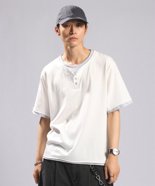 y2k フェイクレイヤード ヘンリーネック リブTターコイズブルー ブルー ２点 RAGEBLUE（レイジブルー） ヘンリーネック tシャツ HENLEY NECK FAKE
