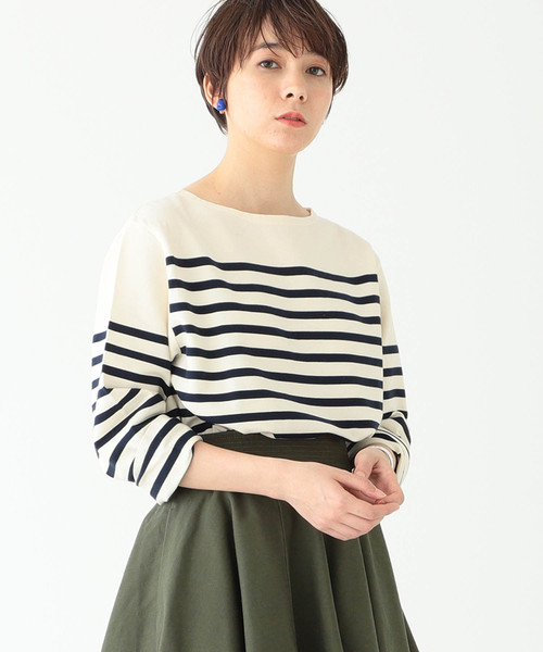 BEAMS BOY ビームスボーイ Tシャツ カットソー トップス ロング丈 長袖 ボートネック スーパービッグ ボーダー コットン 綿 22春夏 ホワイト グリーン 白緑 FREE 女性 着回し カジュアル ブランド 【レディース】【中古】【美品】 BEAMS BOY（ビームス ボーイ） tシャツ ナバルボーダー ビッグ ボート