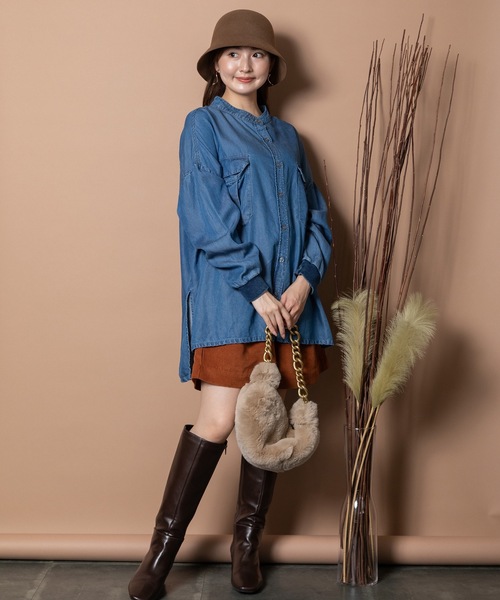 ブラウス シャツ テンセルデニム 袖リブ ビックシャツ レディース ブラウス シャツ テンセルデニム 袖リブ ビックシャツ