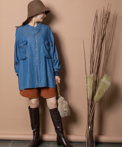 ブラウス シャツ テンセルデニム 袖リブ ビックシャツ レディース ブラウス シャツ テンセルデニム 袖リブ ビックシャツ