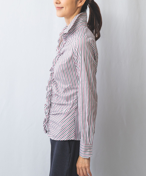 ブラウス シャツ 「NARACAMICIE」ストレッチシャイニーストライプフロントギャザーシャツ レディース NARACAMICIE ブラウス シャツ 「NARACAMICIE」ストレッチ