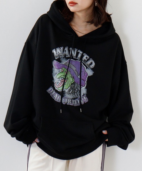 パーカー MODISH GAZE ビンテージ加工プリント ルーズパーカー レディース メンズ MODISH GAZE ビンテージ加工プリントルーズパーカー（ブラック