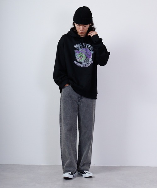 パーカー MODISH GAZE ビンテージ加工プリント ルーズパーカー レディース メンズ MODISH GAZE ビンテージ加工プリントルーズパーカー（ブラック