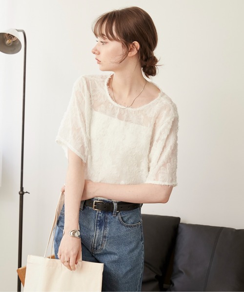 ANGIE tシャツ フリンジ ジャガード ブラウス レディース