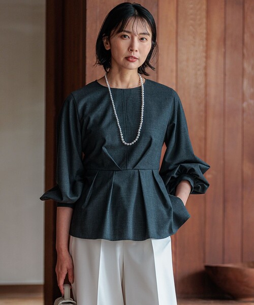 ブラウス シャツ 「CLASSY.10月号掲載/洗える」TWマットクロス ペプラム ブラウス レディース