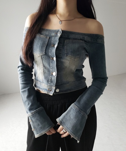「 ２color 」ヴィンテージデニムギャザーオフショルトップス ／ vintage denim gathered off shoulder topS me+em select 「 2color 」ヴィンテージデニムギャザー