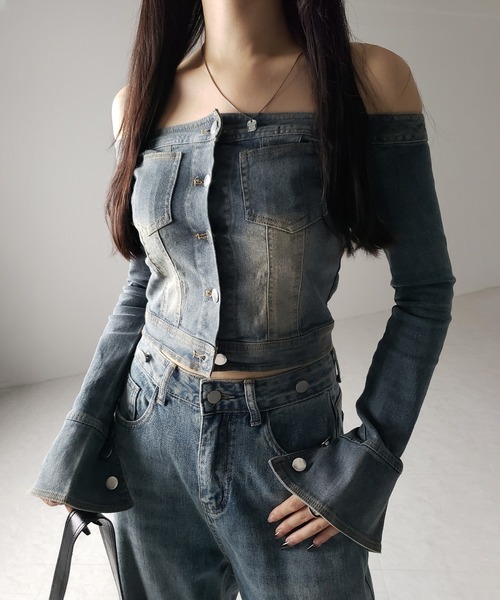 「 ２color 」ヴィンテージデニムギャザーオフショルトップス ／ vintage denim gathered off shoulder topS me+em select トップス 「 2color 」ヴィンテージデニムオフ
