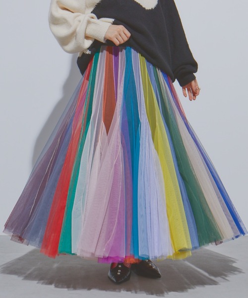 マニャーナスエルテ♡人気の♡マルチカラーチュールフレアスカート manana suerte（マニャーナスエルテ） スカート ボリュームストライプ