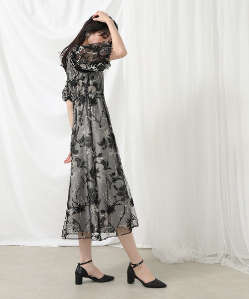 Kana ドレス パフスリーブ 刺繍レース ボタニカル ワンピース
