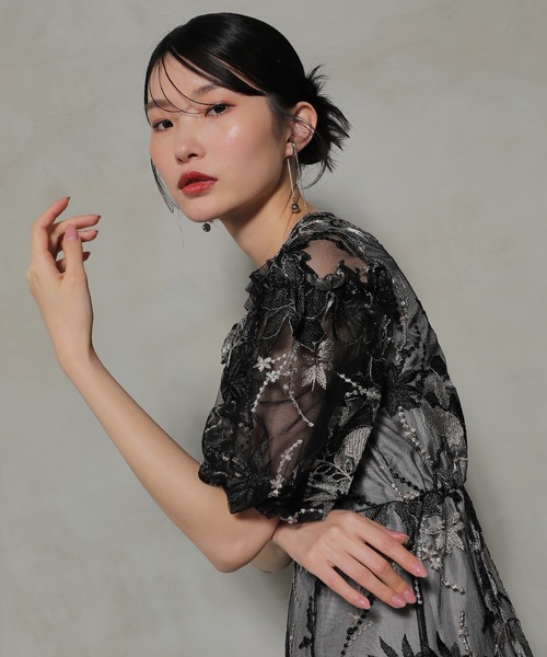 Kana ドレス パフスリーブ 刺繍レース ボタニカル ワンピース