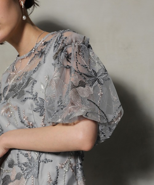 Kana ドレス パフスリーブ 刺繍レース ボタニカル ワンピース