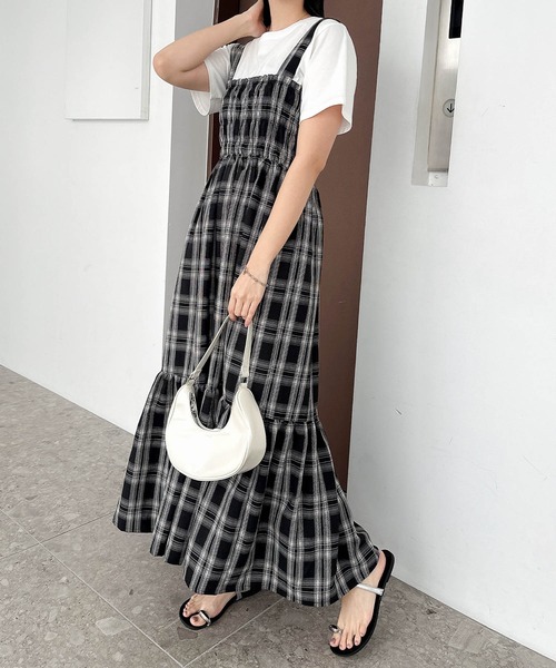 andme ワンピース チェック柄ティアードロングキャミワンピース