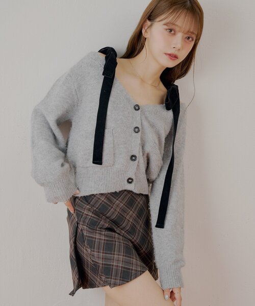 Chico（チコ） カーディガン ポケット付き肩リボンルーズニット