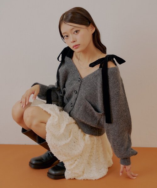 Chico（チコ） カーディガン ポケット付き肩リボンルーズニット