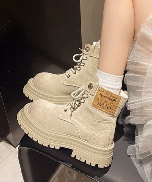ブーツ 厚底レースアップ スエードショートブーツ レディース