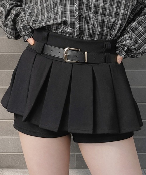 andwang プリーツミニスカート 黒 theredthread ワンホン SPINNS（スピンズ） スカート 美脚盛れワンホンレイヤード風プリーツ