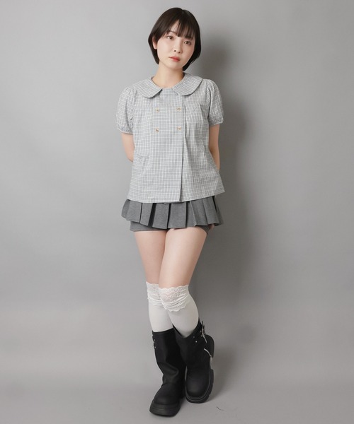 【MONSE】GREY×WHITE水玉 レイヤードSuitingミニスカート SPINNS（スピンズ） スカート 美脚盛れワンホンレイヤード風プリーツ