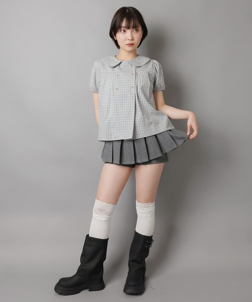 【MONSE】GREY×WHITE水玉 レイヤードSuitingミニスカート SPINNS（スピンズ） スカート 美脚盛れワンホンレイヤード風プリーツ