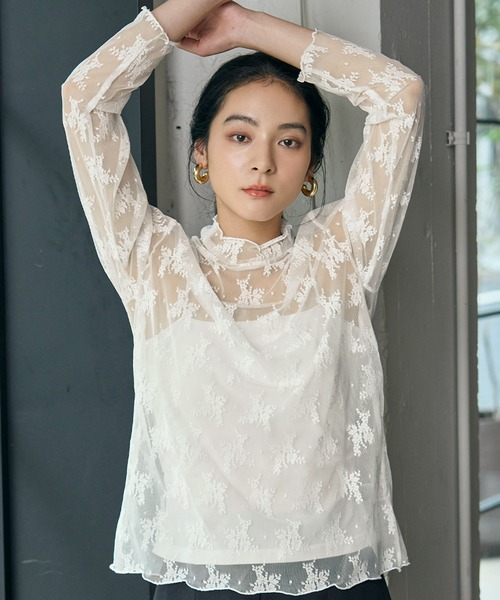 アイレネ 21SS レースプリントメッシュカットソー 長袖 シアー 総柄 36 tシャツ 上品な透け感がかわいい。シアー メッシュ ハイネック