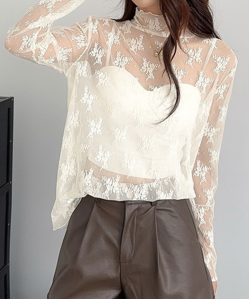LOWO tシャツ 「2タイプから選べる」レース 刺繍 シアーカットソー