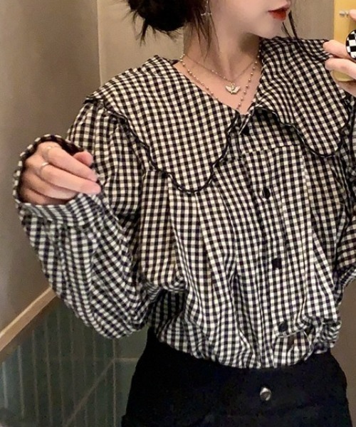ブラウス シャツ 「26年春新作」スカラップビッグカラーギンガム