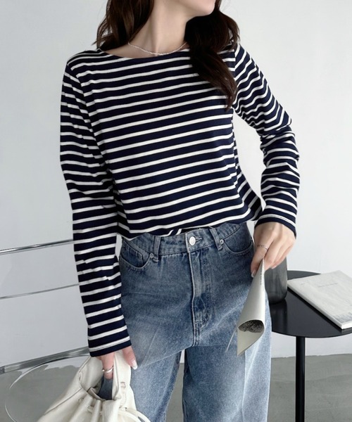 umune tシャツ ボーダーロンT 長袖 ボートネック カットソー Tシャツ