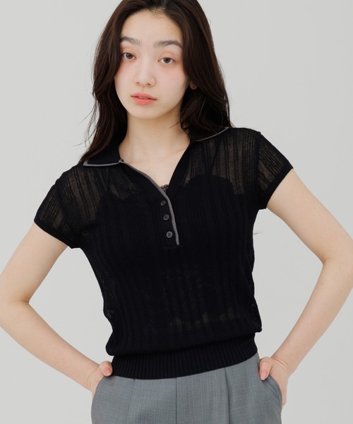 ニット セーター double collar sheer polo knit（ダブルカラーシアー