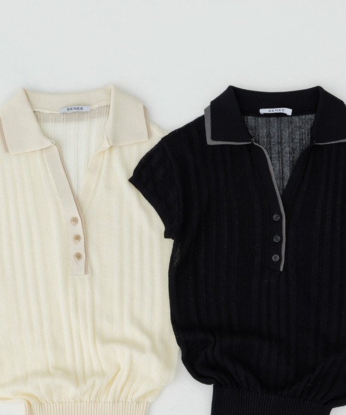 ニット セーター double collar sheer polo knit（ダブルカラーシアー