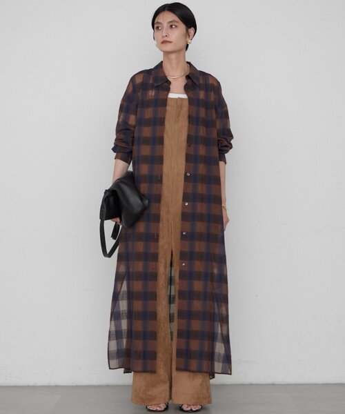 新品未使用【EmiriaWiz】ロングワンピース　チェック　シアー　マキシ丈 Loungedress（ラウンジドレス） ワンピース 「スッキリ細見え/万能