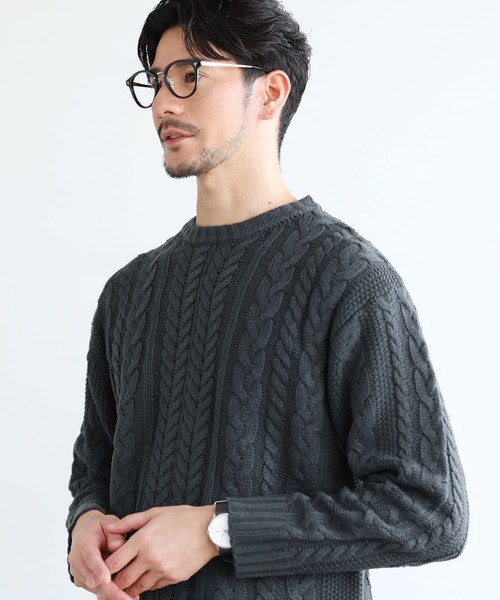 SPU セーター ニット セミワイドシルエットケーブル編みクルーネック
