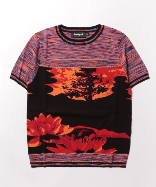 デシグアル Desigual 風景モチーフ ニットTシャツ （オレンジ） デシグアル Desigual 風景モチーフ ニットTシャツ （オレンジ