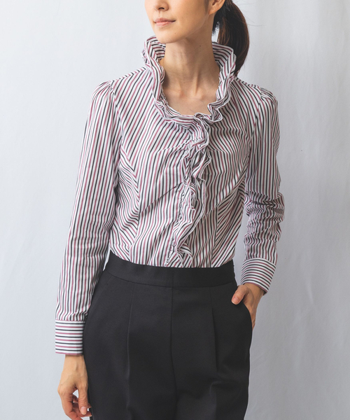 ブラウス シャツ 「NARACAMICIE」ストレッチシャイニーストライプフリル衿シャツ レディース NARACAMICIE ブラウス シャツ 「NARACAMICIE」ストレッチ