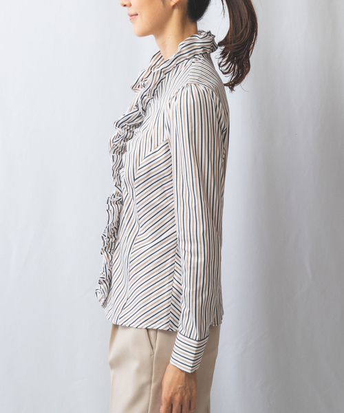ブラウス シャツ 「NARACAMICIE」ストレッチシャイニーストライプフリル衿シャツ レディース NARACAMICIE ブラウス シャツ 「NARACAMICIE」ストレッチ