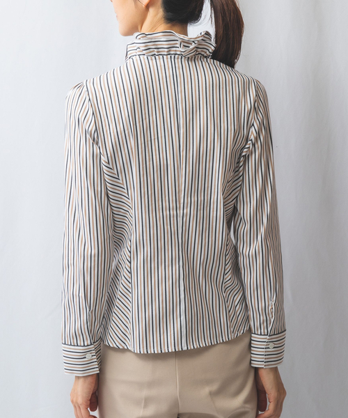 ブラウス シャツ 「NARACAMICIE」ストレッチシャイニーストライプフリル衿シャツ レディース NARACAMICIE ブラウス シャツ 「NARACAMICIE」ストレッチ