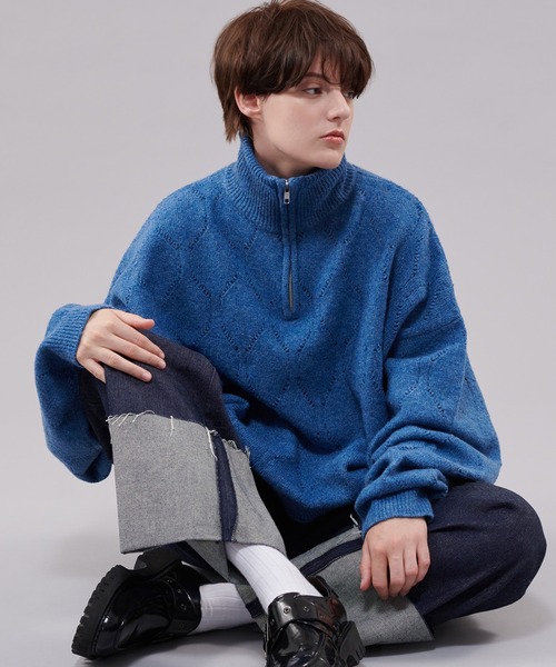 boohoo///MAN OFCL ジャカード オープン ニット 抗ピリングWジャガードチェック柄ニット｜メンズファッション