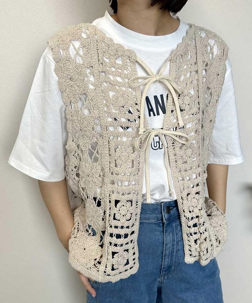 CRB ベスト ジレ 夏 リボンレースかぎ編みベスト レディース